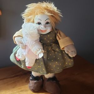 Vintage Porcelain Head Doll w/rag Doll, Girl Clown Doll 9 inches Soft body